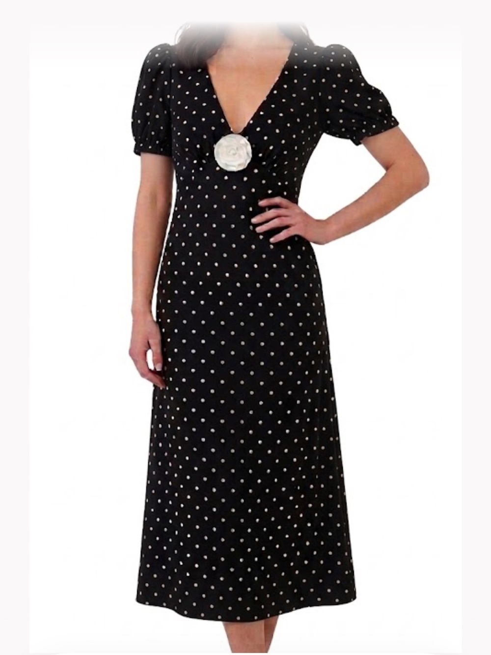Wayf Black Midi Dress with White Polka Dots and Flower Accent